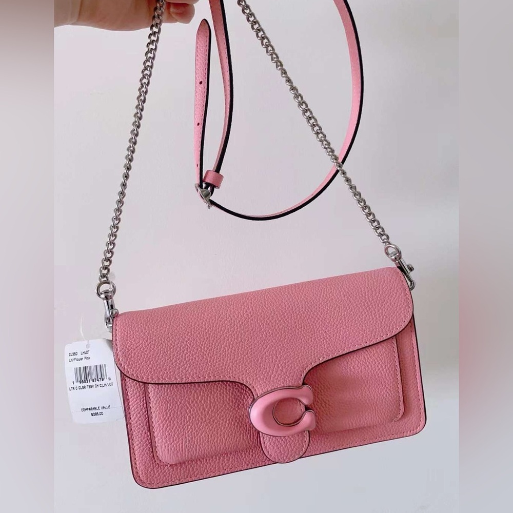 Coach Tabby Chain Clutch Polished Pebble Leather/Silver/Vivid Pink - Picture 1 of 10